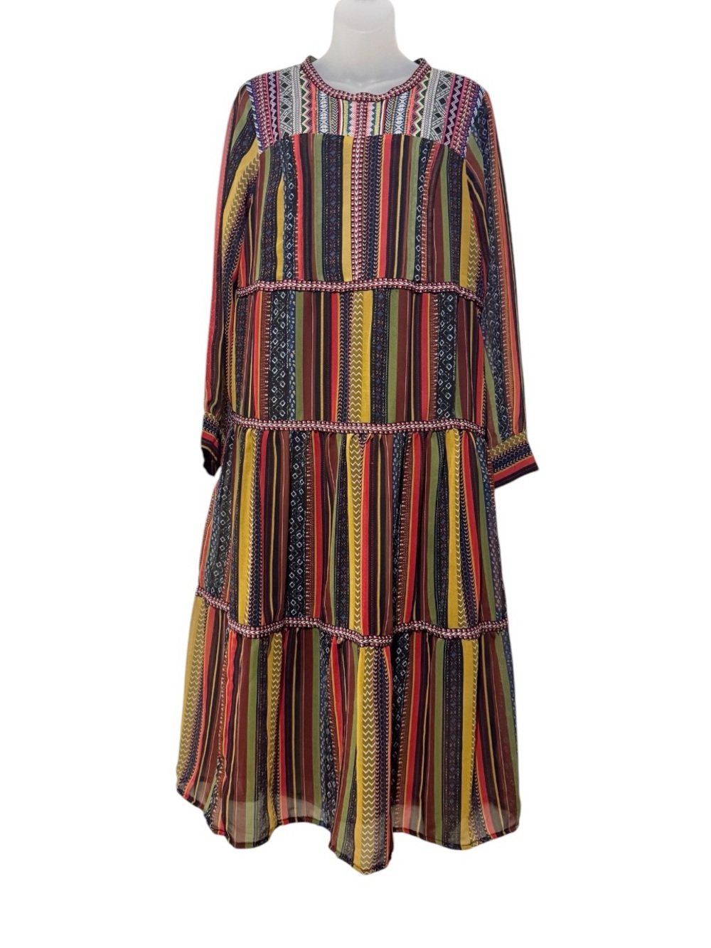 Chelsea & Theodore Multi-Stripe Tiered Long Sleeve Dress